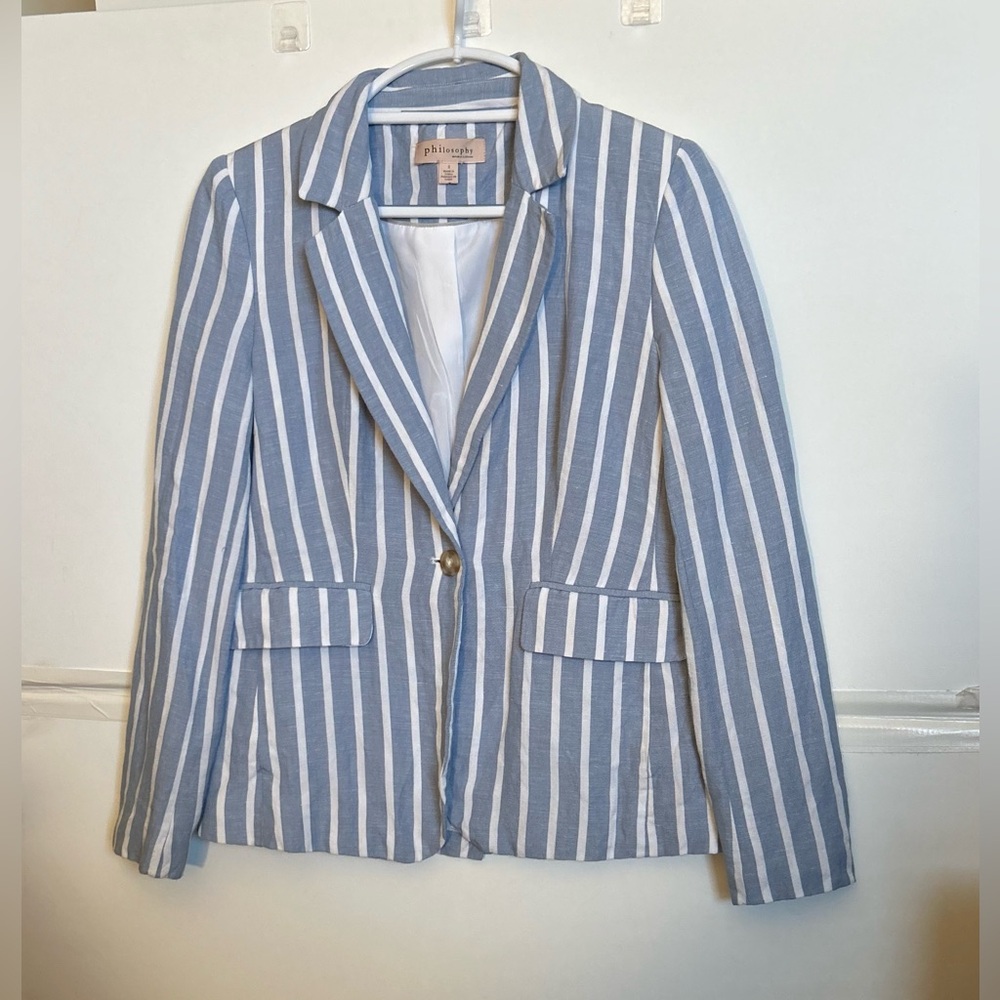 Philosophy LS blue and white striped ladies blazer.  Size 2